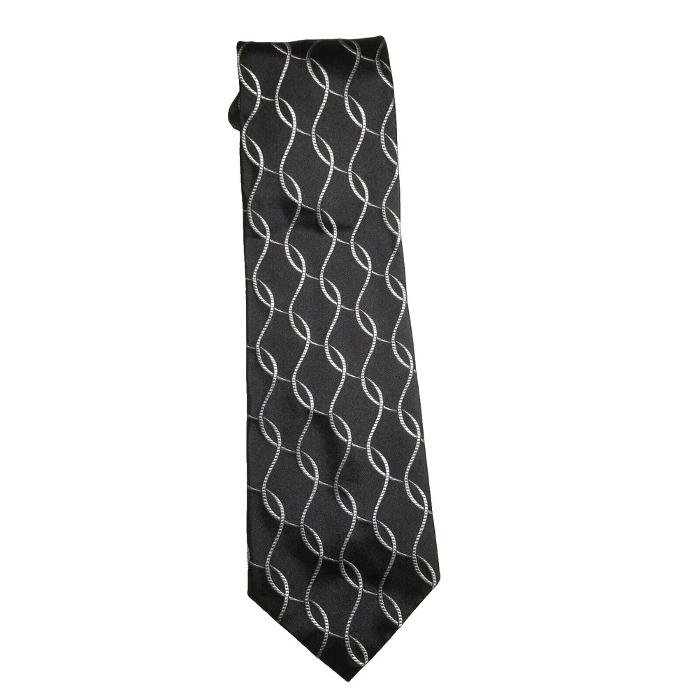 Bachrach Black Silk Tie With Entwining Texture Silver‎ Thread Pattern Italy